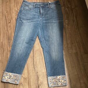 Chico's Blue Cropped Jeans with Floral Embroidery
